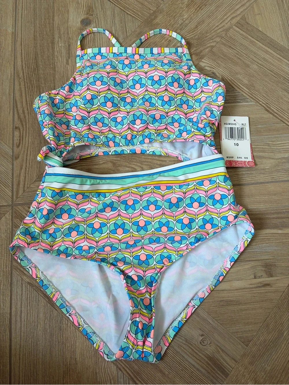 Hobie Girls Keyhole Side Tie One Piece Swimsuit Size 10 Floral Retro Beach
